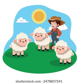 Young farmer with lamb herding sheep. Cartoon vector illustration on white background. Successful farmer. Farm animals.