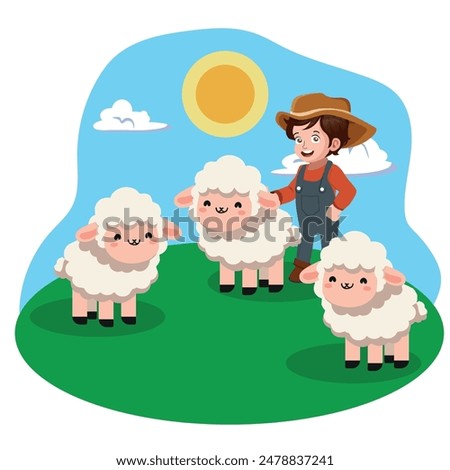 Young farmer with lamb herding sheep. Cartoon vector illustration on white background. Successful farmer. Farm animals. Stock photo © 