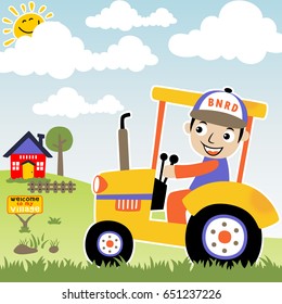 Young farmer on tractor in farm field, vector cartoon illustration