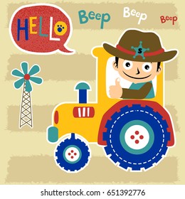 Young farmer on tractor with windmill, vector cartoon illustration