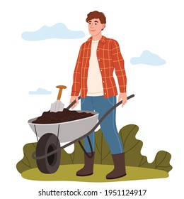 A young farmer in a plaid shirt pushes a wheelbarrow off the ground. Colored flat vector illustration of professional worker with barrow isolated on white background.