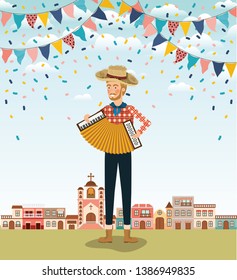 young farmer playing accordion with garlands and cityscape