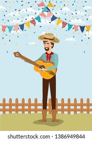 young farmer playing guitar with garlands and fence