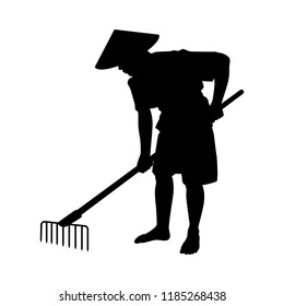 Young farmer with rake silhouette vector. Asia culture isolated on white.