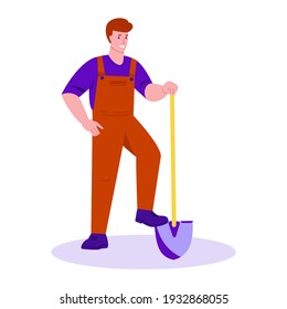 Young farmer with a shovel. Vector illustration in flat cartoon style. Isolated on a white background.