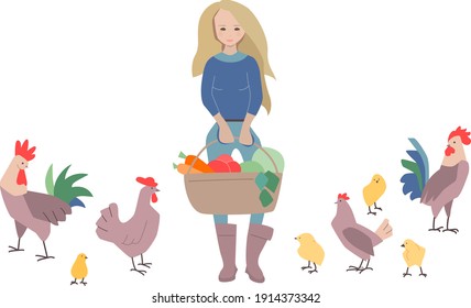Joven granjero parado con una canasta de verduras. Aves domésticas mirando al dueño. Una mujer aislada de fondo blanco.