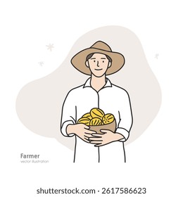 A young farmer standing with a harvested melon. Illustration of vector design related to agricultural products and agriculture