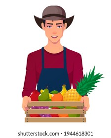 Young Farmer Wearing Brown Hat And Carrying Fruit Crate vector Illustration