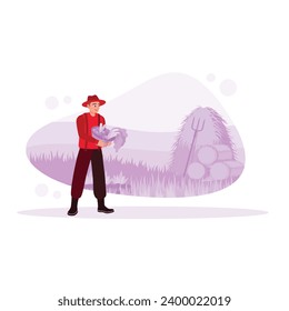 A young farmer wearing a hat and boots is working in the garden. Farmer holding a basket containing freshly picked vegetables from the garden. Various occupations people concept.