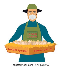 A Young Farmer Wearing Mask At A Farmers Market Sells Orgaic Eggs. Illustration Of New Normal Against Coronavirus