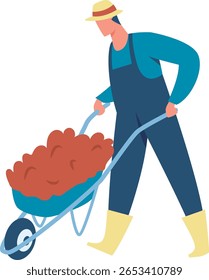 Young farmer wearing straw hat, blue shirt and trousers, yellow boots and blue apron pushing a wheelbarrow full of peat or soil for agriculture and gardening