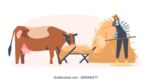 Young Farmer Woman Feeding Cow Putting Straw in Trough. Female Character at Work Process Caring of Domestic Animals at Cattle Farm. Agriculture, Rancher Working Activity. Cartoon Vector Illustration