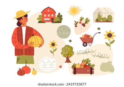 A young farmer woman in a straw hat and a plaid shirt holds a large yellow pumpkin in her hands. The concept of the autumn harvest, organic farming, gardening, home garden.