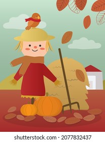 Young farmer woman using fork to scoop straw, little bird on her hat and cottage on background, cartoon character, vector illustration