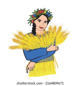 Young farmer woman wearing a flower wreath and holding wheat in her hands smiling.Vector illustration