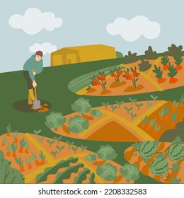 Young Farmer Working In Allotment Gardens. Taking Care Of Vegetables And Plants. Local Food Production In A Sustainable Way. Editable Illustration In Flat Style. Vector Background