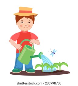 Young farmer working in the garden. Garden watering. Cartoon vector illustration on a white background. Young farmer success. 
