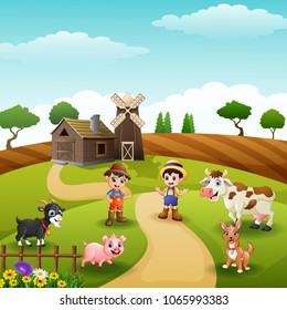 Young farmers activities with animals in farm