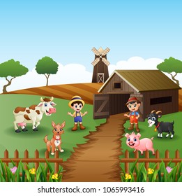 Young farmers activities with animals front of cage