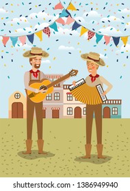 young farmers celebrating with garlands and cityscape