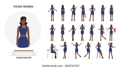 Young fashion black african american girl poses vector illustration set. Cartoon stylish woman in fashionable trendy black clothes, model posing, standing showing various gestures collection isolated