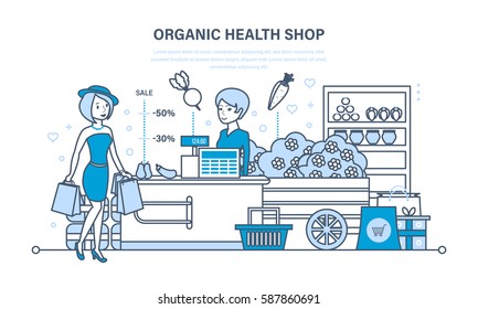 Young fashion girl attends organic health store with large shopping, cashier puts the goods on showcase and sells them. Illustration thin line design of vector doodles, infographics elements.