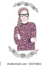 Young fashion girl illustration. Hipster girl with glasses and flowers.