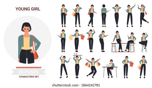 Young Fashion Girl Poses Vector Illustration Set. Cartoon Fashionable Female Character Standing And Walking, Fashionista Woman Shopping, Spending Fun Time At Bar In Different Posture Isolated On White