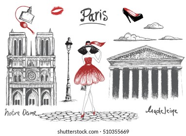 Young fashion girl walking in the Paris.Pencil drawing.Fashion style.Vector hand drawn illustration