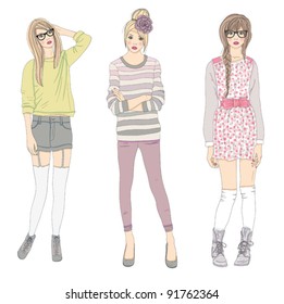 Young fashion girls illustration. Vector illustration. Background with teen females in fashionable clothes posing. Fashion illustration.