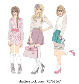 Young fashion girls illustration. Vector illustration. Background with teen females in fashionable clothes posing. Fashion illustration.