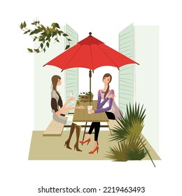 Young fashion girls sitting on wooden bench in open restaurant.