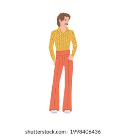 Young Fashion Man Cartoon Character In Trendy 70s Clothes, Flat Vector Illustration Isolated On White Background. Generation X Male Personnage In Retro Look.