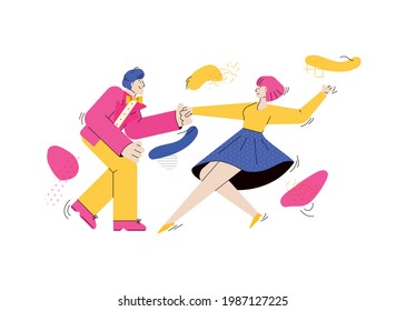 Young fashion people dancing rock-n-roll or swing, flat cartoon vector illustration isolated on white background. Man and woman characters in sketch style.