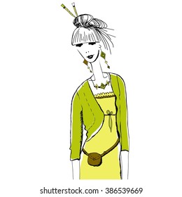 Young fashion woman in boho style with little bag. For t-shirts print, phone case, posters, bag print, cup print or notepad cover.Vector illustration. Boho girl.