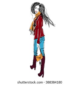 Young fashion woman in boho style. For t-shirts print, phone case, posters, bag print, cup print or notepad cover.Vector illustration. Boho girl.