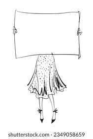 Young fashion woman woman holding a blank poster for text in front of her. Fashion sketch by line isolated on white background. Modern illustration for fashion design.