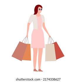 Young fashion woman holding shopping bags after shopping isolated on white background. Modern girl with summer style. Vector illustration.