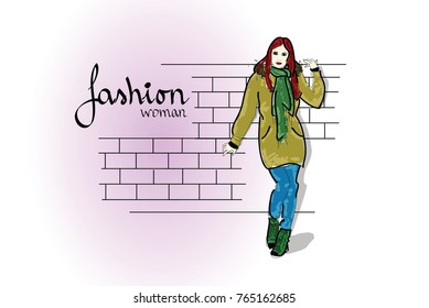 Young fashion woman on city street, vector, hand drawn