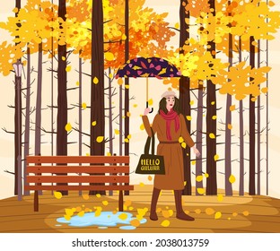 Young fashion woman with umbrella in the autumn park city, trendy clothes street fashionable style outwear female, fall, rain, mood. Trendy vector style