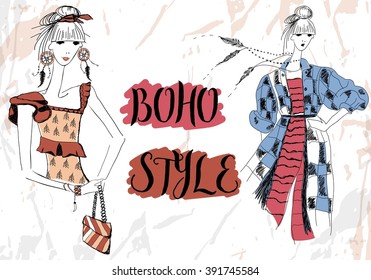 Young fashion women in boho style for t-shirts print, phone case, posters, bag print, cup print or notepad cover.Vector illustration. Boho girls.