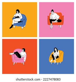 Young fashion women or girls sitting on the arm chair or sofa at home. Female character visiting friend, relaxing after work, models sitting in various poses. Cartoon hand drawn illustration
