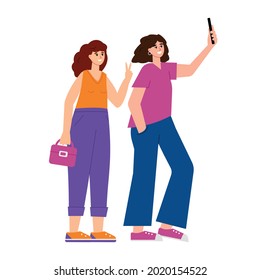 Young fashion women making selfie photo. Smiling happy girls standing together with smartphone in hand. Positive emotion female character flat vector illustration isolated on white background.