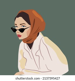 A young fashionable brunette girl in sunglasses and an orange handkerchief, in a white sweater. Spring fashionable image. Vector illustration is suitable for fashionable shooting, social networks