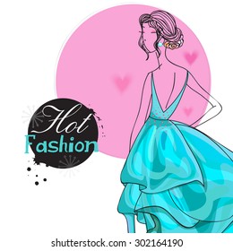 Young fashionable girl in beautiful gown for Hot Fashion on stylish hearts decorated background.