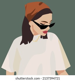 A young fashionable girl in glasses and a handkerchief, in a white T-shirt. Summer fashionable image. Vector illustration is suitable for fashionable shooting, social networks, postcards. headscarf 