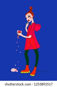 young fashionable girl holding an ice cream waffle cone which fell. fashion illustration. vector image