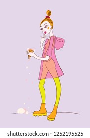 young fashionable girl holding a waffle cone from which fell ice cream. fashion illustration. vector image