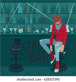 Young fashionable guy got drunk and hardly sits in an empty bar, overturned glasses on a bar counter. Abuse of alcohol concept. Vector illustration