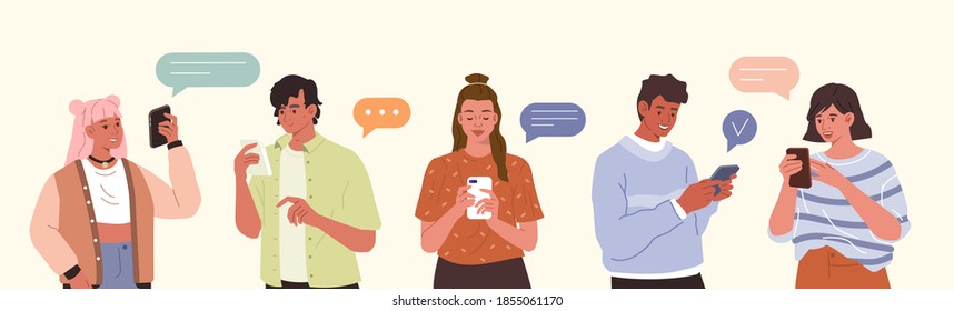 Young Fashionable People Looking On Smartphones And Chatting. Happy Boys And Girls Talking And Typing On Phone. Female And Male Characters Collection. Flat Cartoon Vector Illustration.